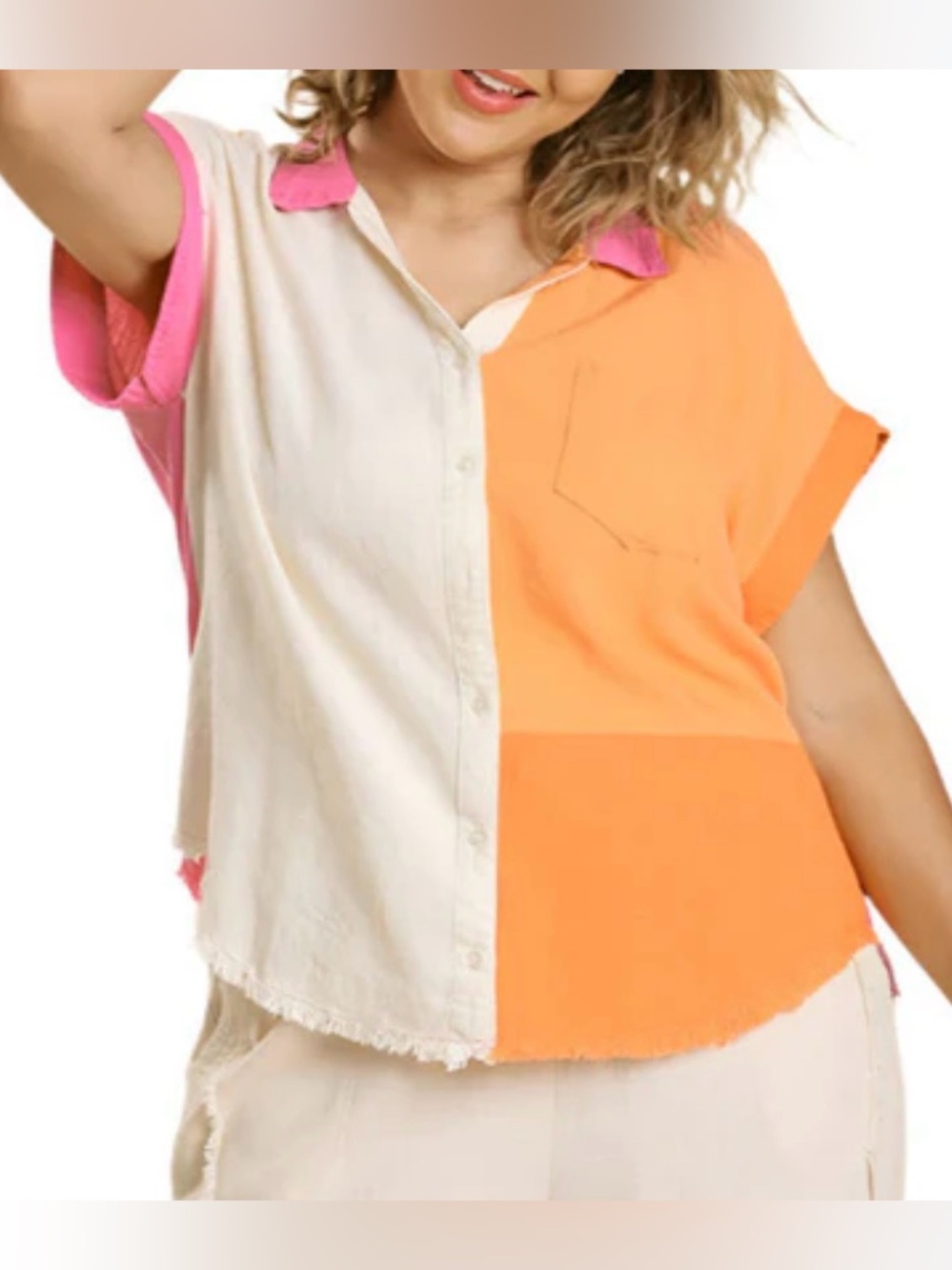 Umgee Colorblock Short Sleeve Button-Front Top in Orange, Pink, and Ivory SZ 2XL